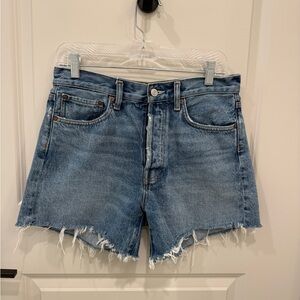 AGOLDE Light Blue High-Rise Raw Hem Denim Shorts